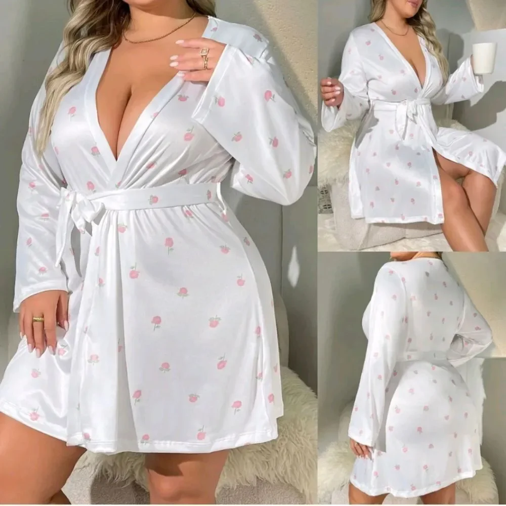 Womens Plus Size Satin Kimono Robe Lingerie Nightgown Sleepwear Silk Bathrobe US
